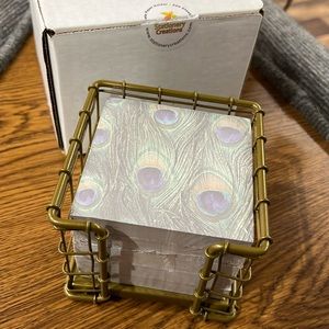 Gold Metal Note Paper Holder with 500 Peacock Print Sheets NEW